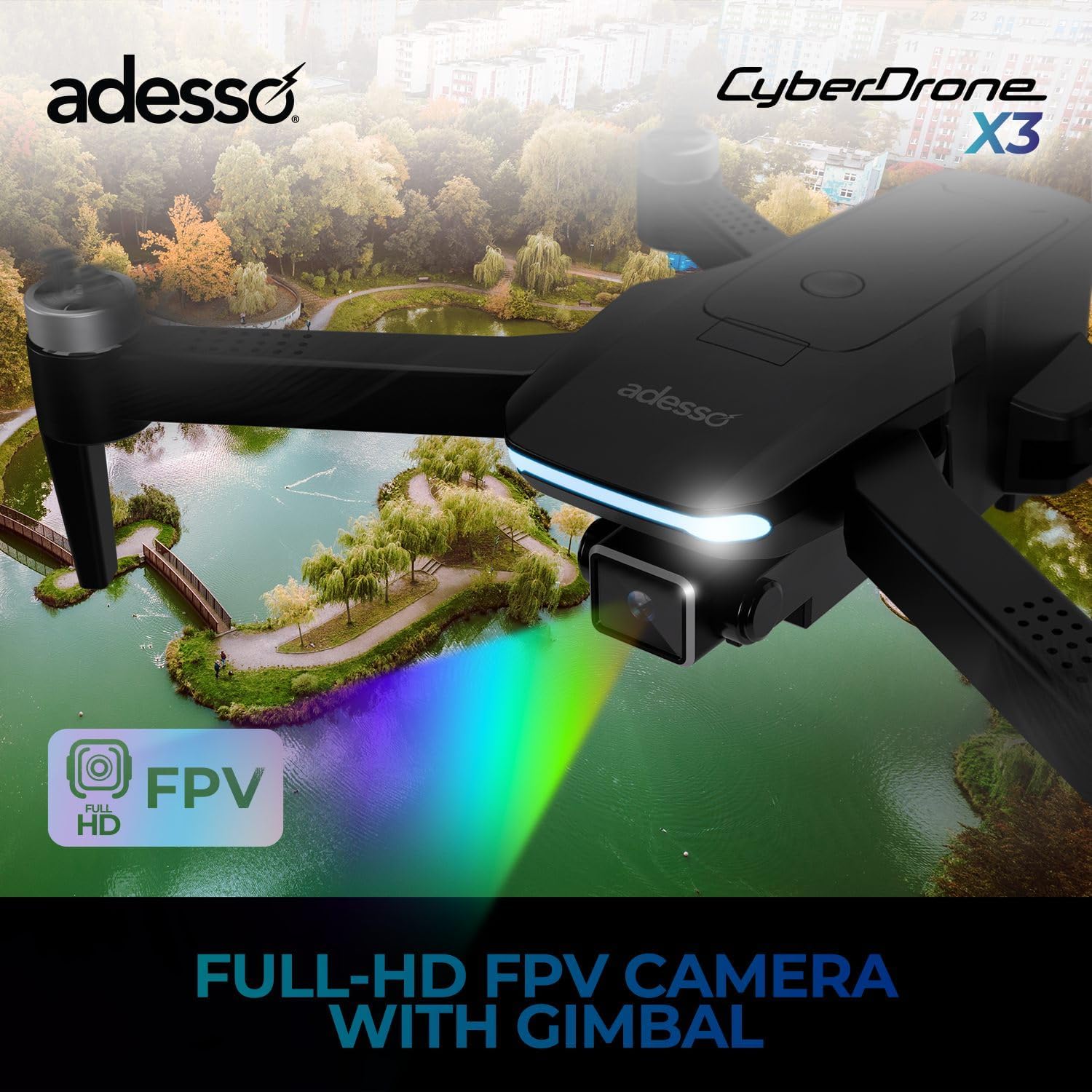 Adesso CyberDrone X3 2K FPV Camera Drone GPS WiFi 300 Meter Range Dual Control Lightweight Quadcopter with Gimbal and Remote