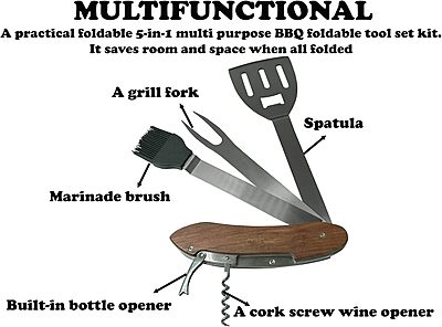 Caliber Gourmet 5-in-1 Multi Tool BBQ Barbecue Grill Accessories, Tools Set Kit, Camping Accessories, Grilling Parties, Detachable, Includes Brush, Spatula, Fork, Bottle Opener, Wine Corkscrew