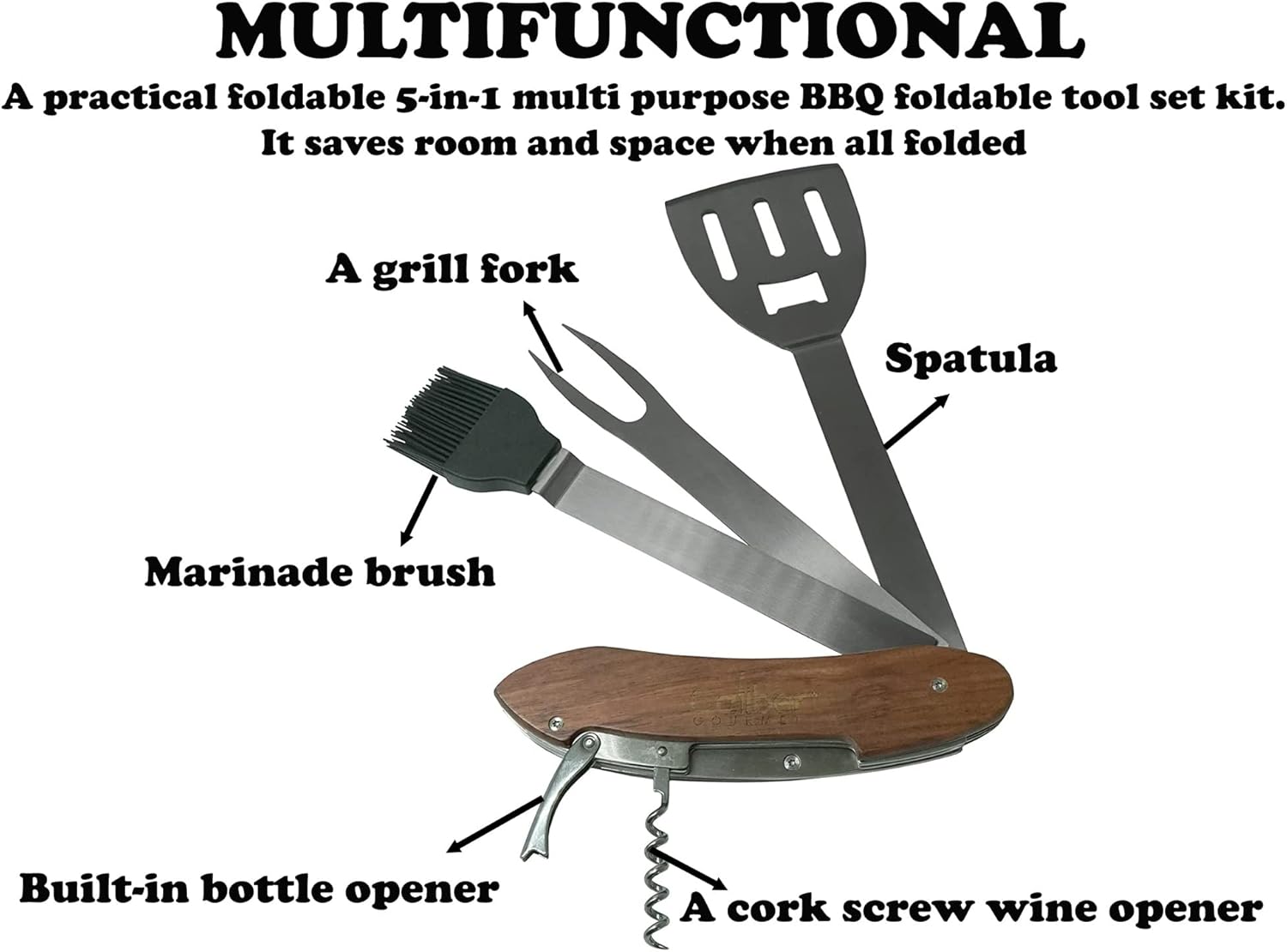 Caliber Gourmet 5-in-1 Multi Tool BBQ Barbecue Grill Accessories, Tools Set Kit, Camping Accessories, Grilling Parties