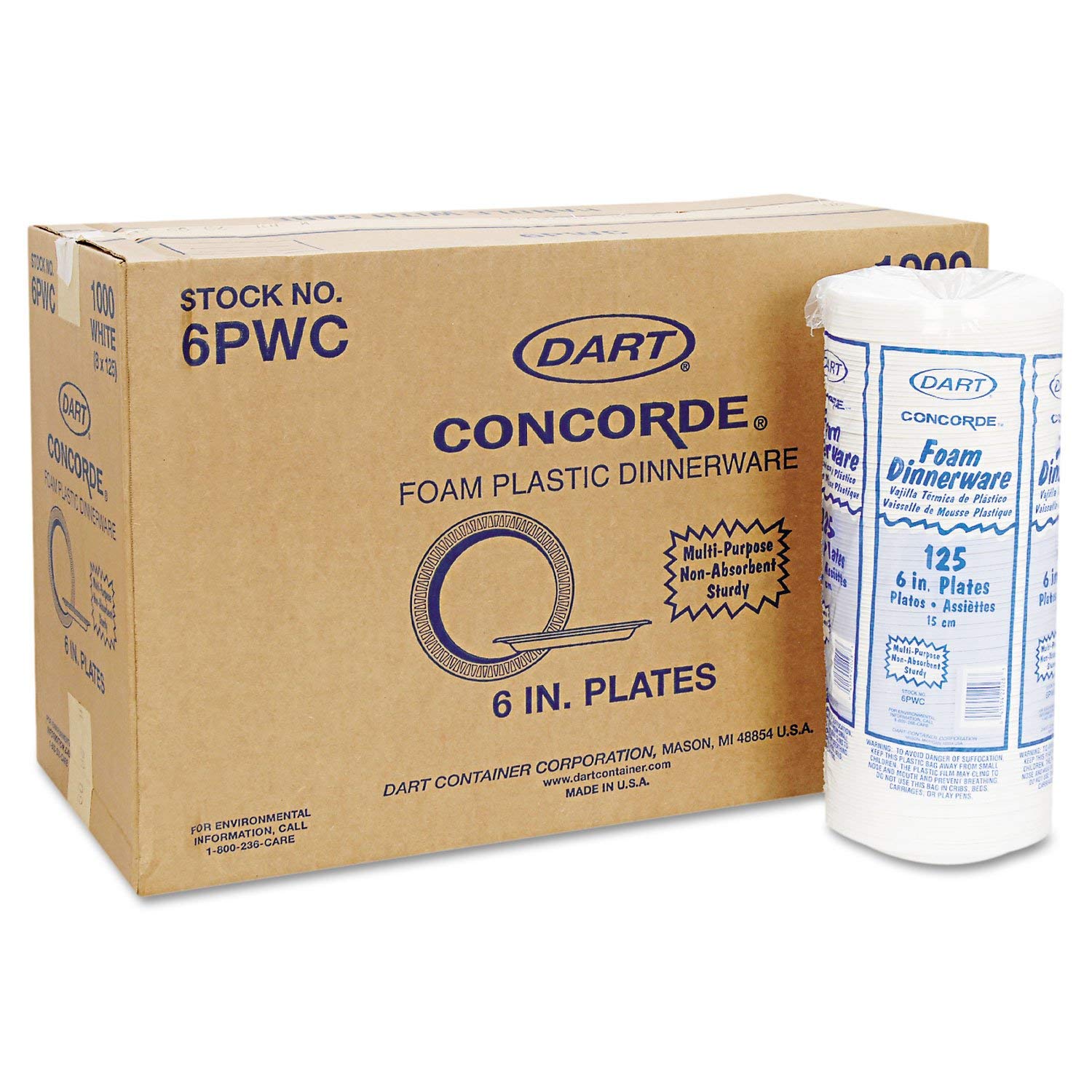 Dart Concorde 6 in White Foam Plates, Unlaminated - 1000/Case