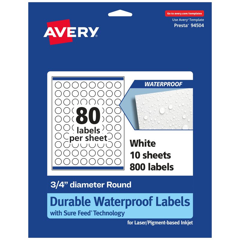 Avery Durable Waterproof Round Labels, Sure Feed Technology, 0.75" Diameter, Print-to-The-Edge