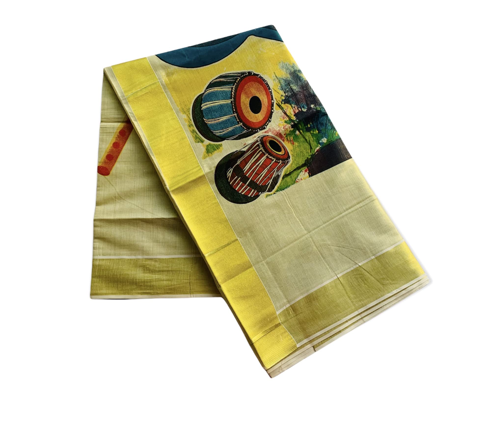 Womens Kuthampully Kerala Kasavu Saree Tissue Mural Painted|Traditional South Indian Saree|Onam Saree - Multi Color Ktm-644