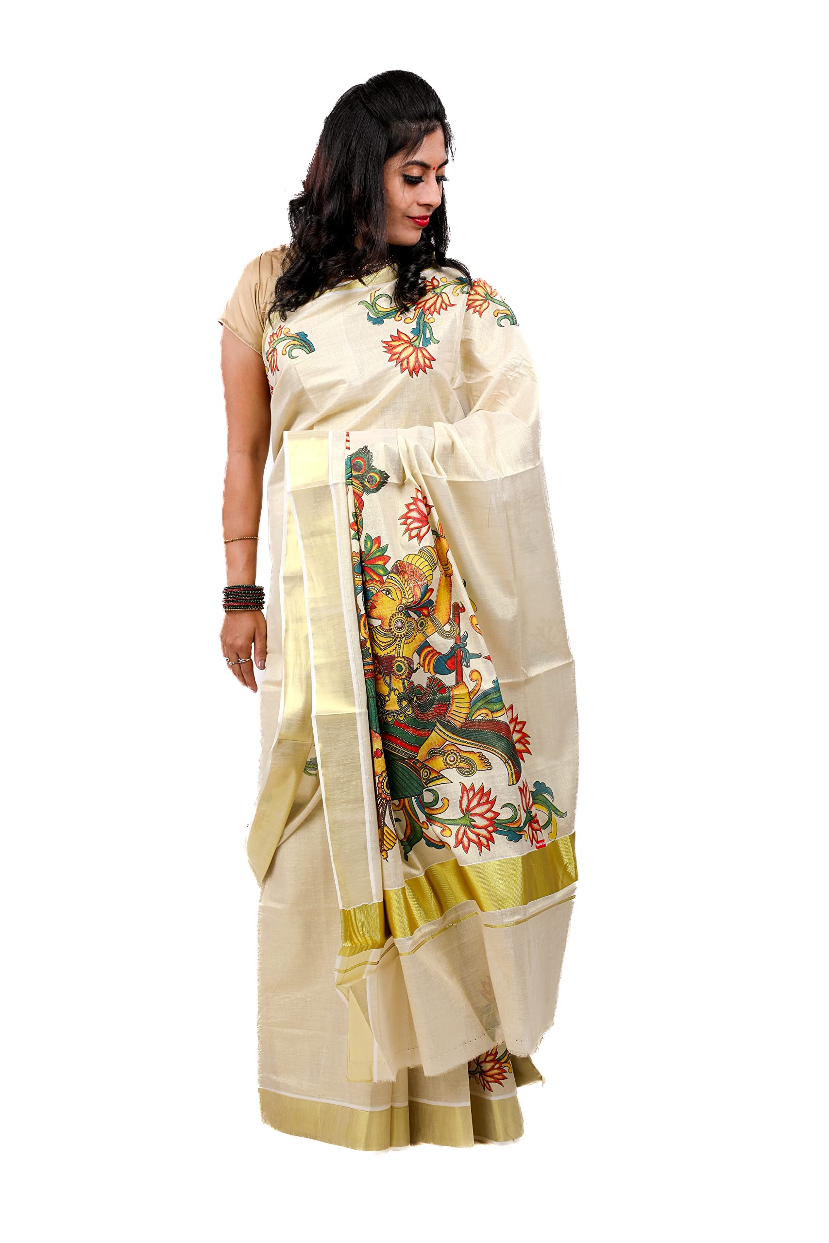 Kuthampully Kerala Kasavu Saree Tissue Mural Painted | Traditional South Indian Saree | Onam Saree - Multi Color KTM-643