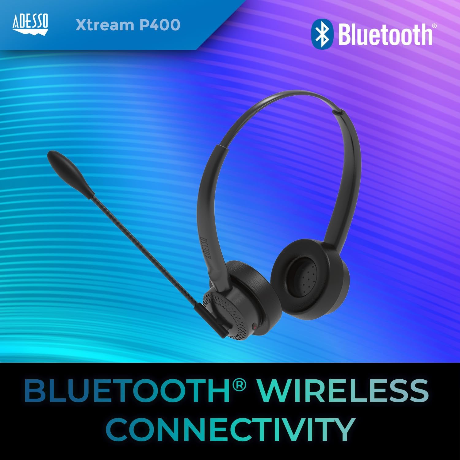 ADESSO Xtream P400 Wireless Multimedia Headset with Charging Dock - Bluetooth 5.0, 14Hrs Talk & Listen Time
