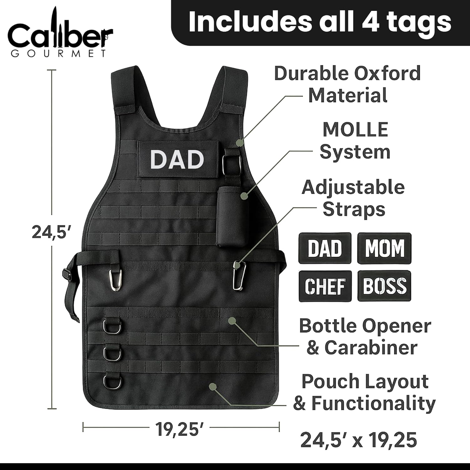 Caliber Gourmet Tactical Molle Apron Outdoor Durable Camping BBQ, Bottle Opener, Pockets, Reusable Carabiner, Adjustable