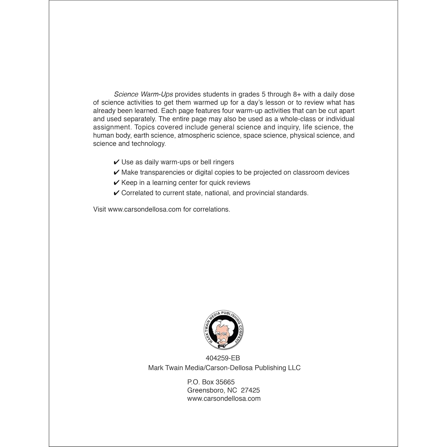 Mark Twain Science Warm-Ups Activity Book, Workbook for Grades 5 and Up, Space, Technology, Earth, Life, Anatomy, Physics