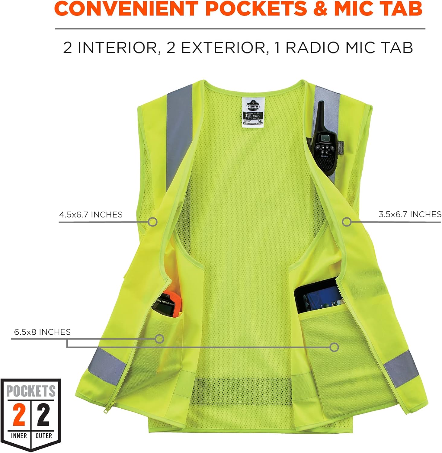 Ergodyne GloWear 8249Z Hi-Vis Surveyor Safety Vest, Solid Front Mesh Back, Type R Class 2