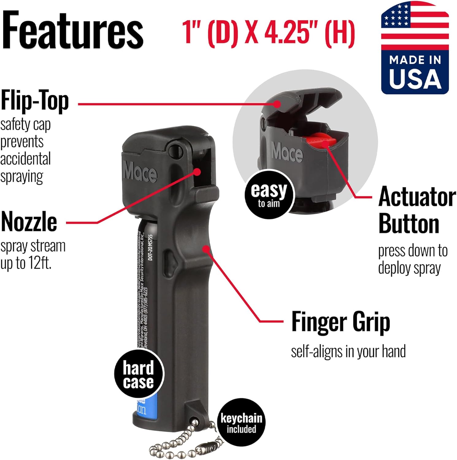 Mace Pepper Spray - Triple Action Model, 3-in-1 Formula (OC, Tear Gas, UV Dye), Flip Top Safety Cap