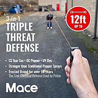 Mace Pepper Spray - Triple Action Model, 3-in-1 Formula (OC, Tear Gas, UV Dye), Flip Top Safety Cap