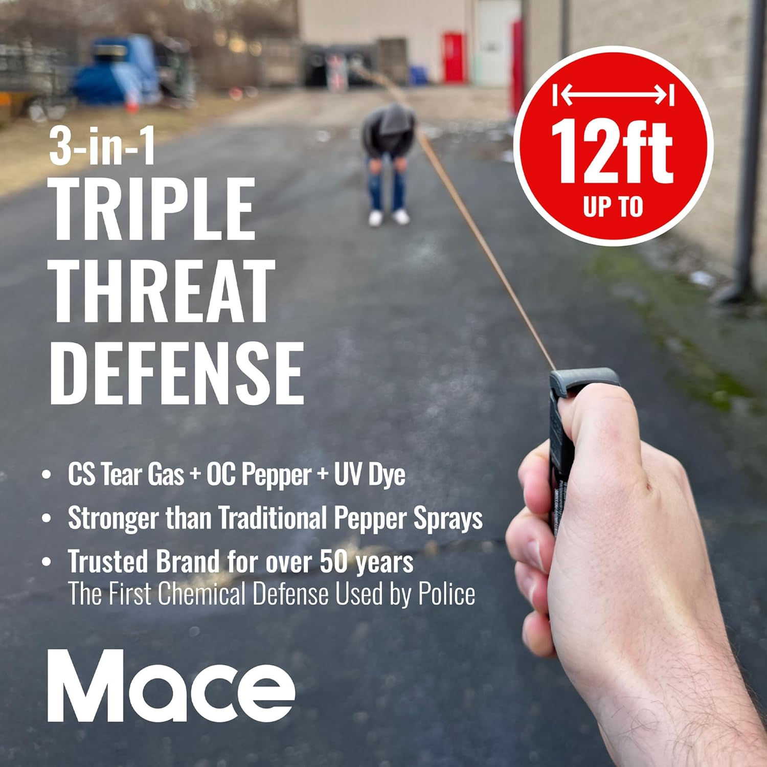 Mace Pepper Spray - Triple Action Model, 3-in-1 Formula (OC, Tear Gas, UV Dye), Flip Top Safety Cap