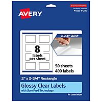 Avery Glossy Clear Rectangle Labels, Sure Feed Technology, 2" x 2.75", Print-to-The-Edge, Laser/Inkjet Printable