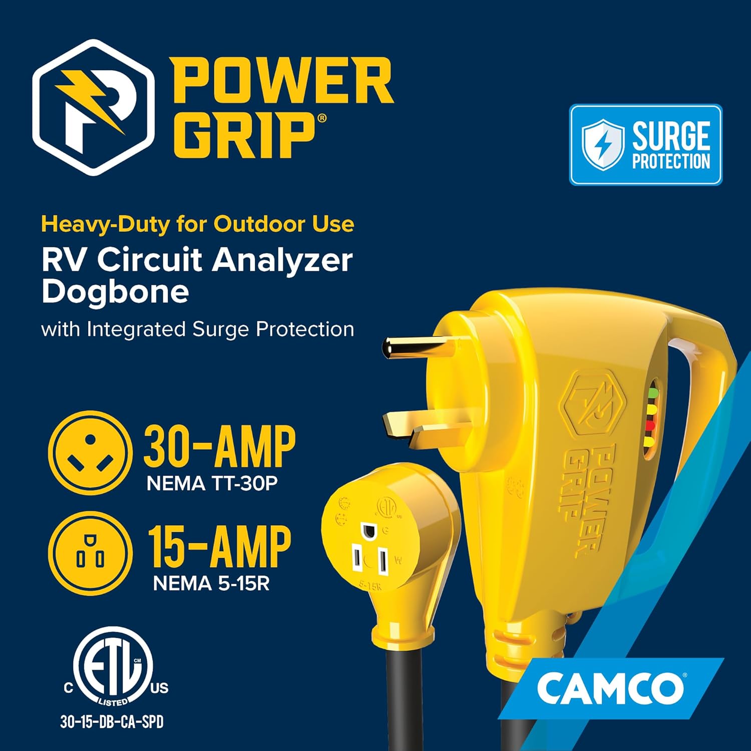 Camco Power Grip RV 12" 30-Amp Circuit Analyzer Dogbone - Features Integrated Surge Protection & Fault Indication, 12"