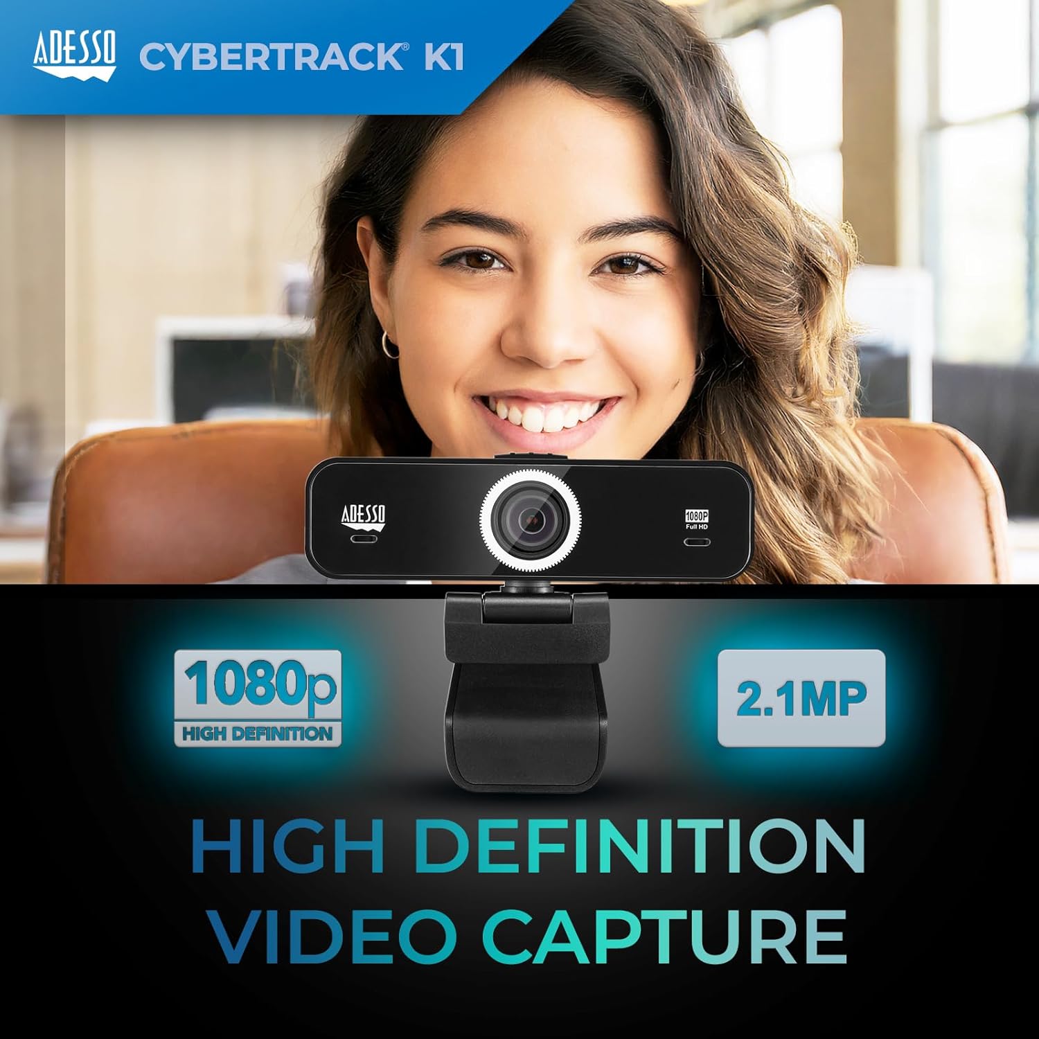 CyberTrack K1 1080P Full HD Fixed Focus USB Webcam with Adjustable View Angle Built-in Dual Microphones, Privacy Shutter