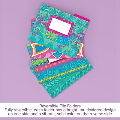 Barker Creek Designer File Folders, Bohemian, Multi-Design, Playful Patterns on Outside, Solid Colors on Inside, Letter Size