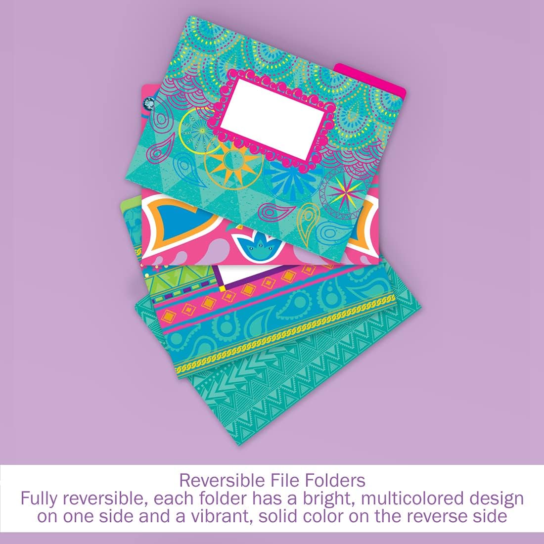 Barker Creek Designer File Folders, Bohemian, Multi-Design, Playful Patterns on Outside, Solid Colors on Inside, Letter Size