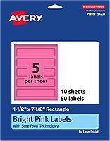 AVERY Printable Bright Pink Rectangle Labels, Sure Feed Technology, 1-1/2" x 7-1/2", Print-to-The-Edge, Laser/Inkjet Printable