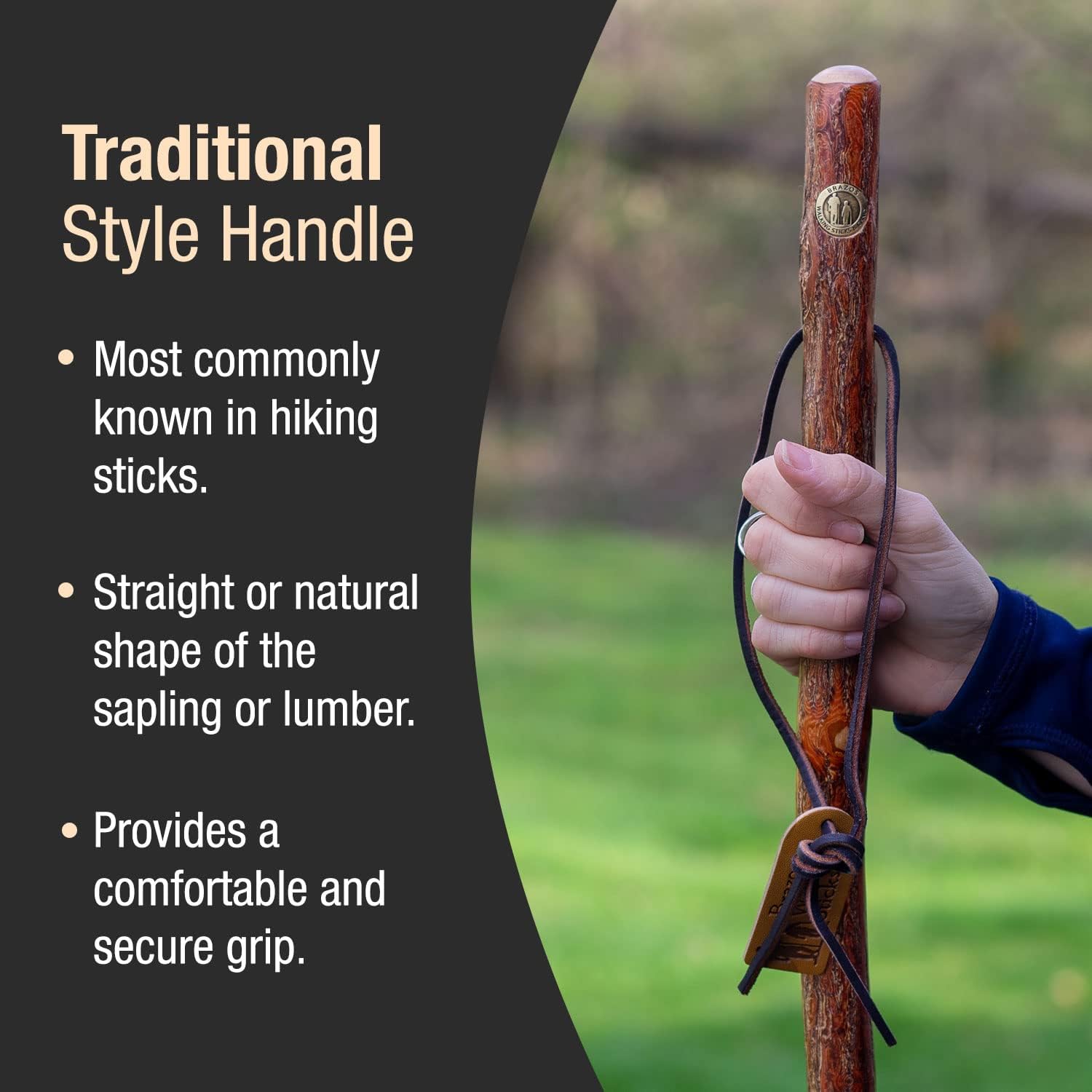 BRAZOS Free Form Rustic Wood Walking Stick, Traditional Handle, Made in USA