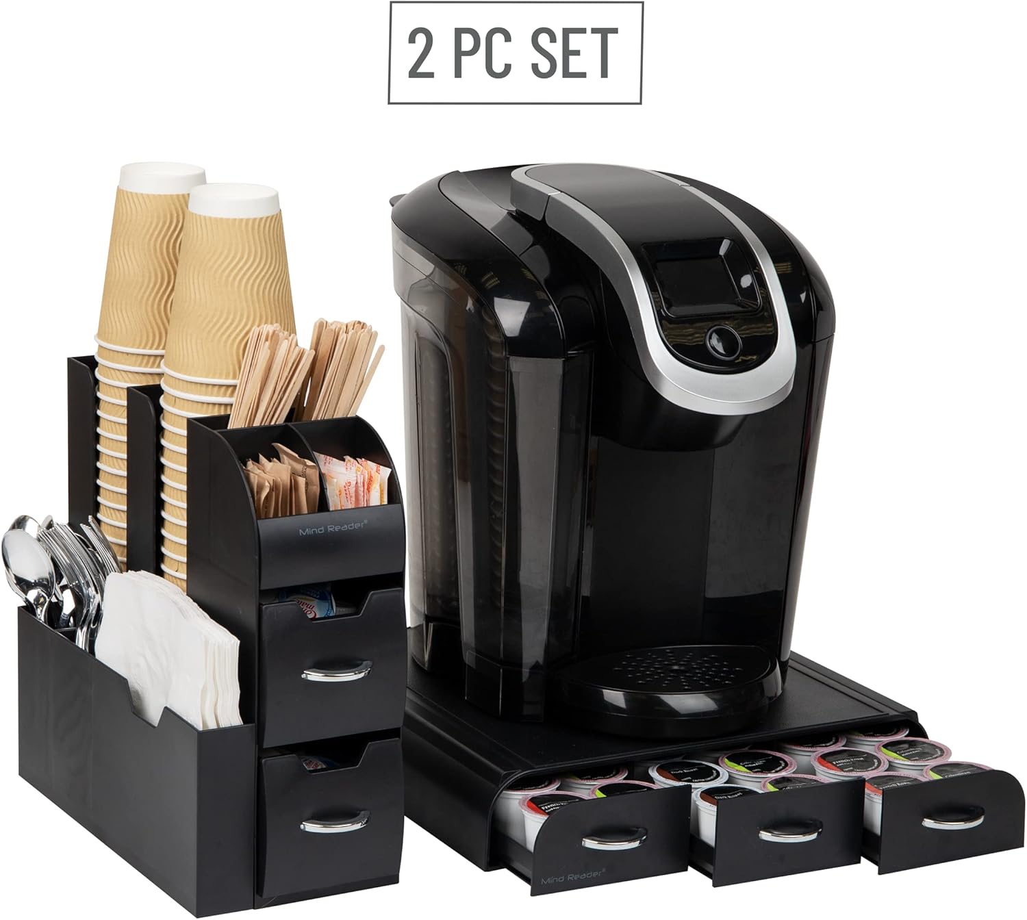 Mind Reader Single Serve Coffee Pod Drawer and Cup Condiment Set, 2 Pcs., 36 Pod Capacity, 5.35"L x 11.25"W x 11.15"H, Black