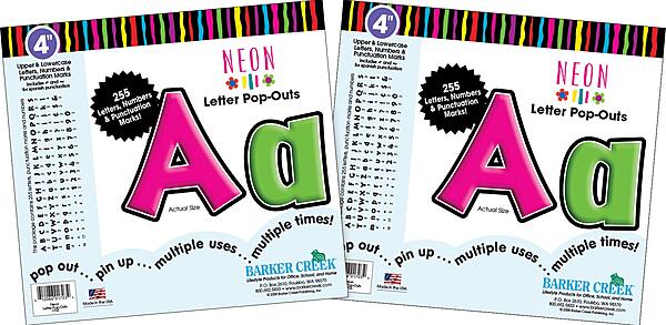 Barker Creek Letter Pop-Outs, 4" Neon, 2 Pack, Multicolor Designer Letters for Bulletin Boards, Breakrooms, Reception Areas, Signs, Displays, and More! 4", 510 Characters per Set (3628)