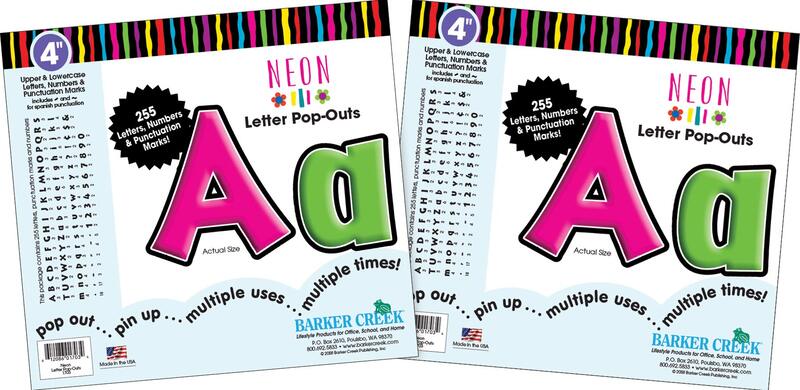Barker Creek Letter Pop-Outs, 4" Neon, 2 Pack, Multicolor Designer Letters for Bulletin Boards, Breakrooms, Reception Areas, Signs, Displays, and More! 4", 510 Characters per Set (3628)