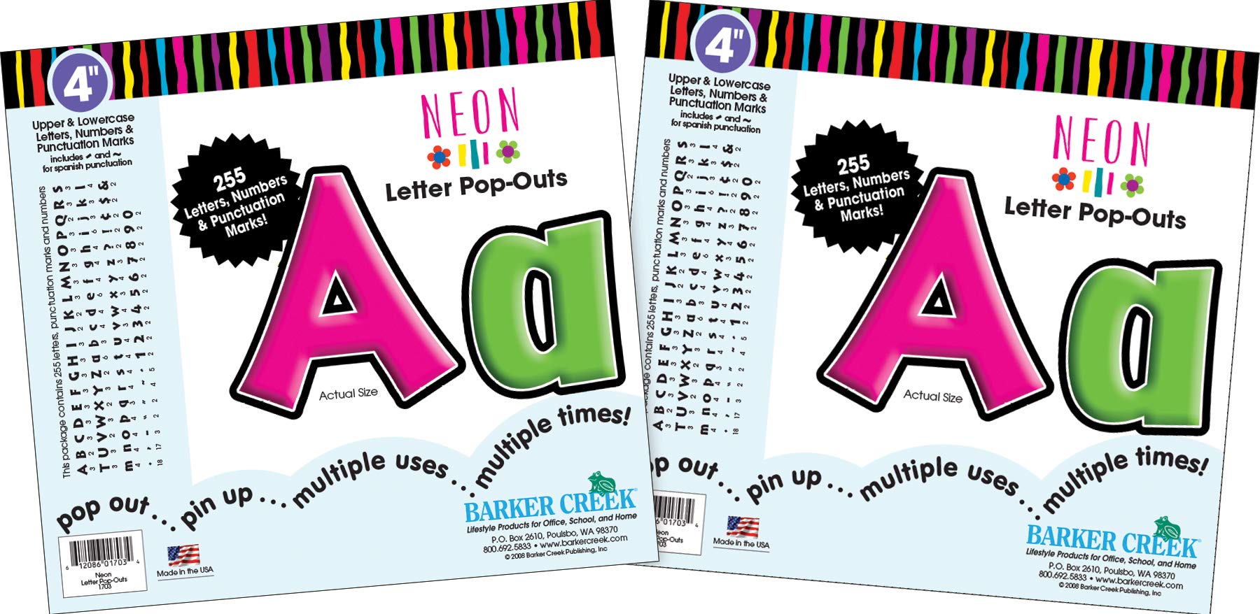 Barker Creek Letter Pop-Outs, 4" Neon, 2 Pack, Multicolor Designer Letters for Bulletin Boards, Breakrooms, Reception Areas