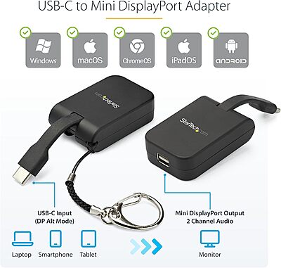 StarTech.com Compact USB C to Mini DisplayPort Adapter - 8K 60Hz/4K USB-C to mDP 1.4 Video Converter w/Keychain Ring - USB Type-C DP Alt Mode (HBR3 HDR DSC) to mDP Monitor - TB3 Compatible (CDP2MDPFC)