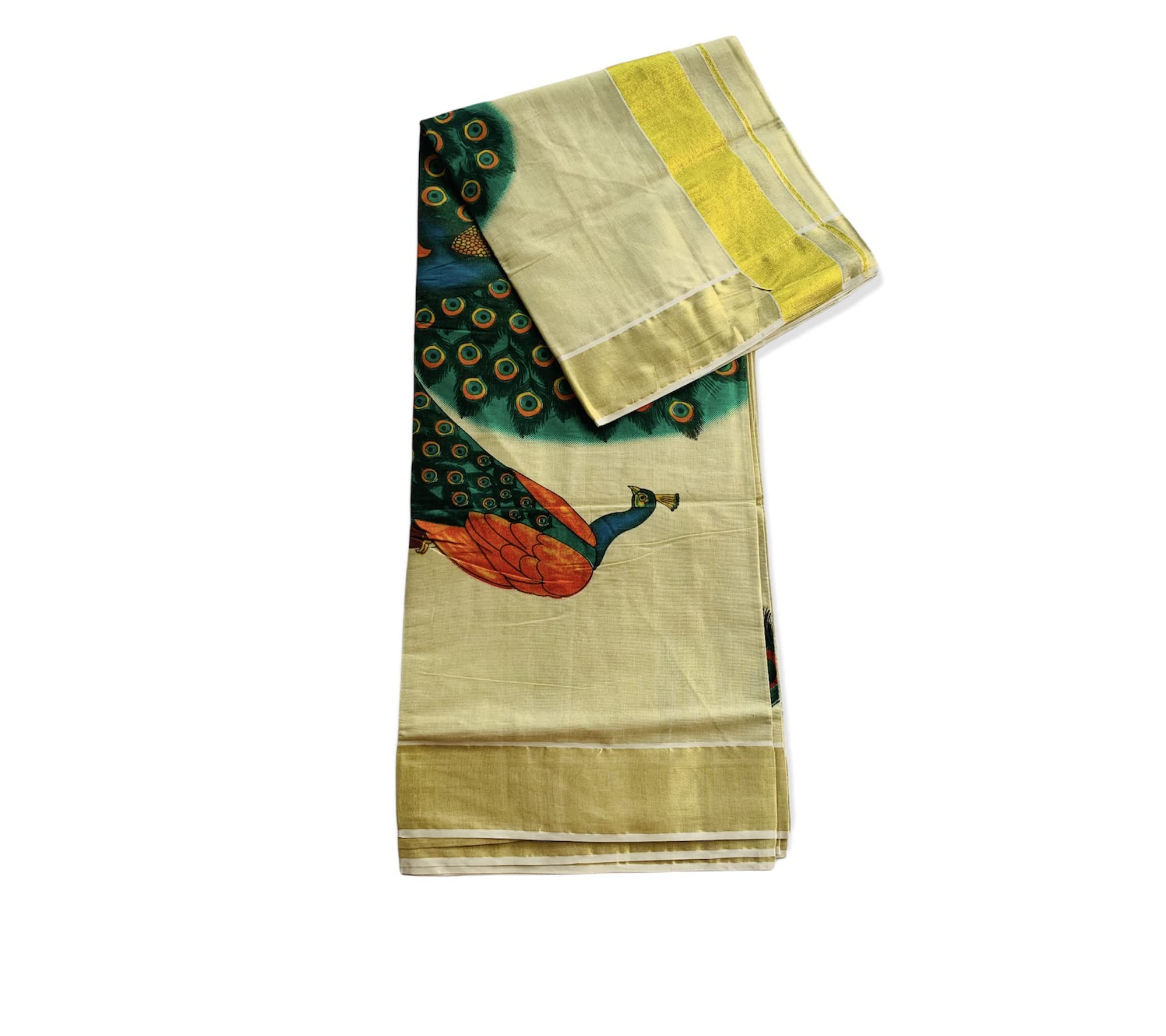 Women's Kuthampully Kerala Kasavu Saree Tissue Mural Painted Peacock with Running Blouse - Multi Color KPSS-758