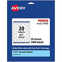 Avery Matte White Round Labels, Sure Feed Technology, 1.5" Diameter