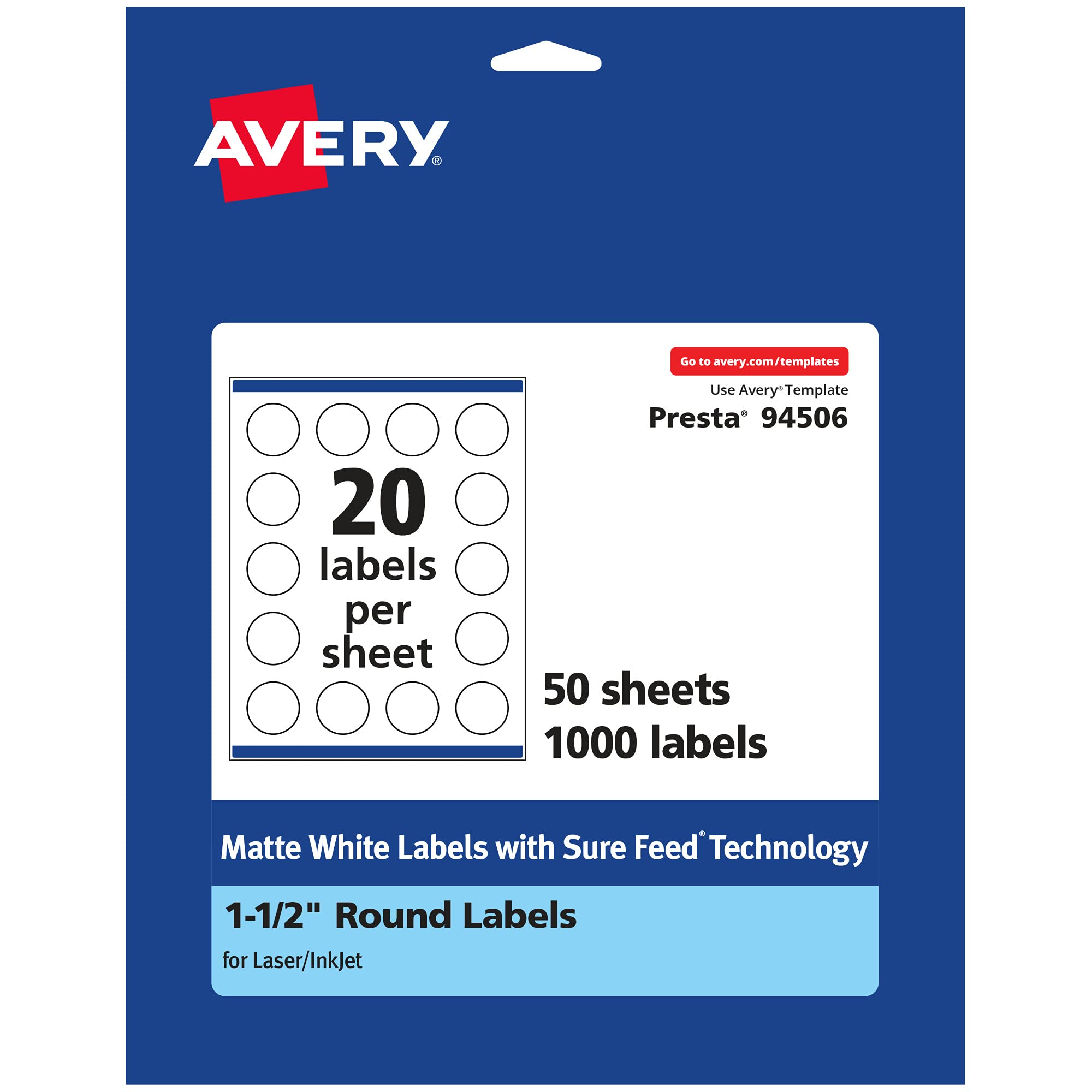 Avery Matte White Round Labels, Sure Feed Technology, 1.5" Diameter