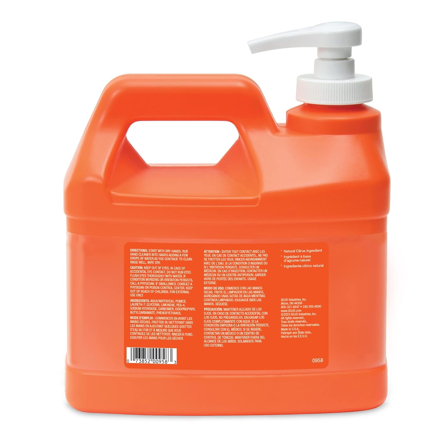 GOJO NATURAL ORANGE Pumice Hand Cleaner, 1/2 Gallon Quick Acting Lotion Hand Cleaner with Pumice Pump Bottle (Pack of 1)– 0958-04 Orange Citrus 64 Fl Oz (Pack of 1)