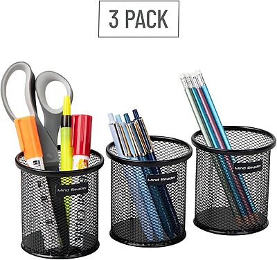 Mind Reader Pen and Accessories Holder, Desktop Organizer, Office, Metal Mesh, 3.5" L x 3.5" W x 3.75" H, Set of 3, Black