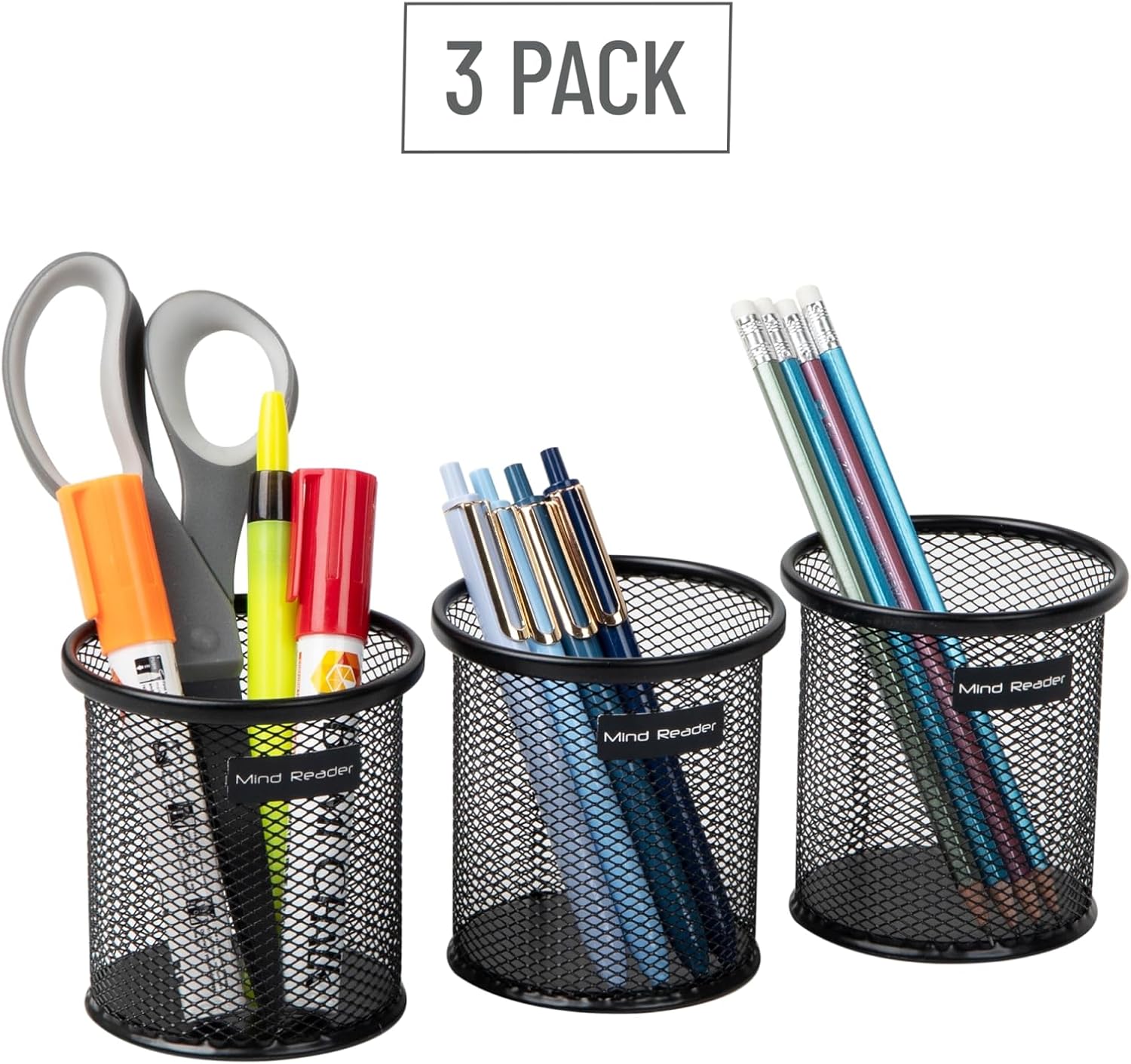 Mind Reader Pen and Accessories Holder, Desktop Organizer, Office, Metal Mesh, 3.5" L x 3.5" W x 3.75" H, Set of 3, Black