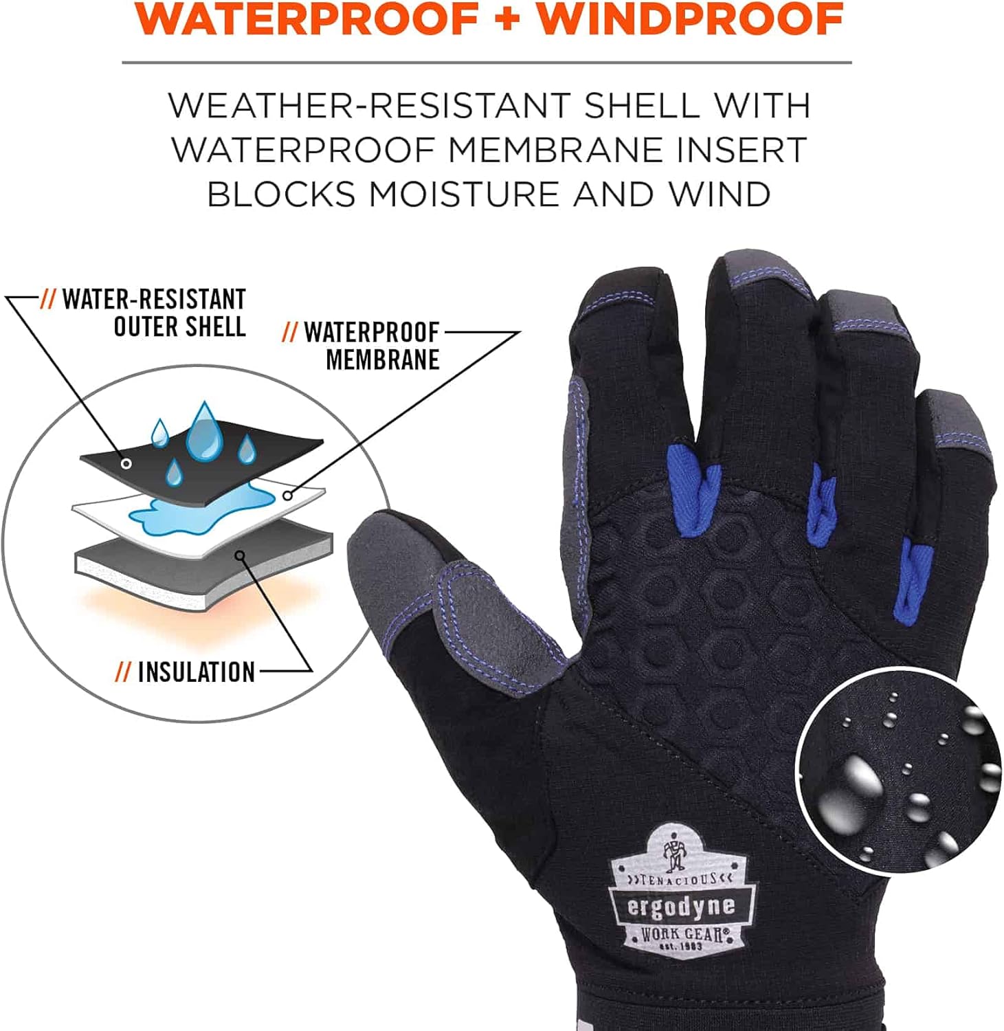 Ergodyne ProFlex 817WP Waterproof Work Gloves, Thermal Insulated, Touchscreen, Reinforced Palms Black