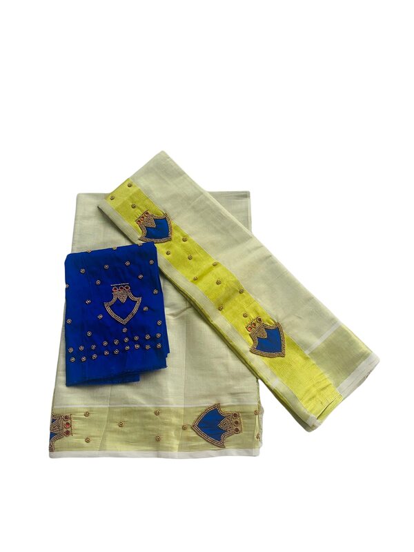 Kuthampully Kerala Kasavu Set Mundu For Women | Handcrafted Aari work Kerala Set Mundu | Tissue Onam Set Mundu With Blouse | Women's Zari Kasavu | EKM-600 (Blue)