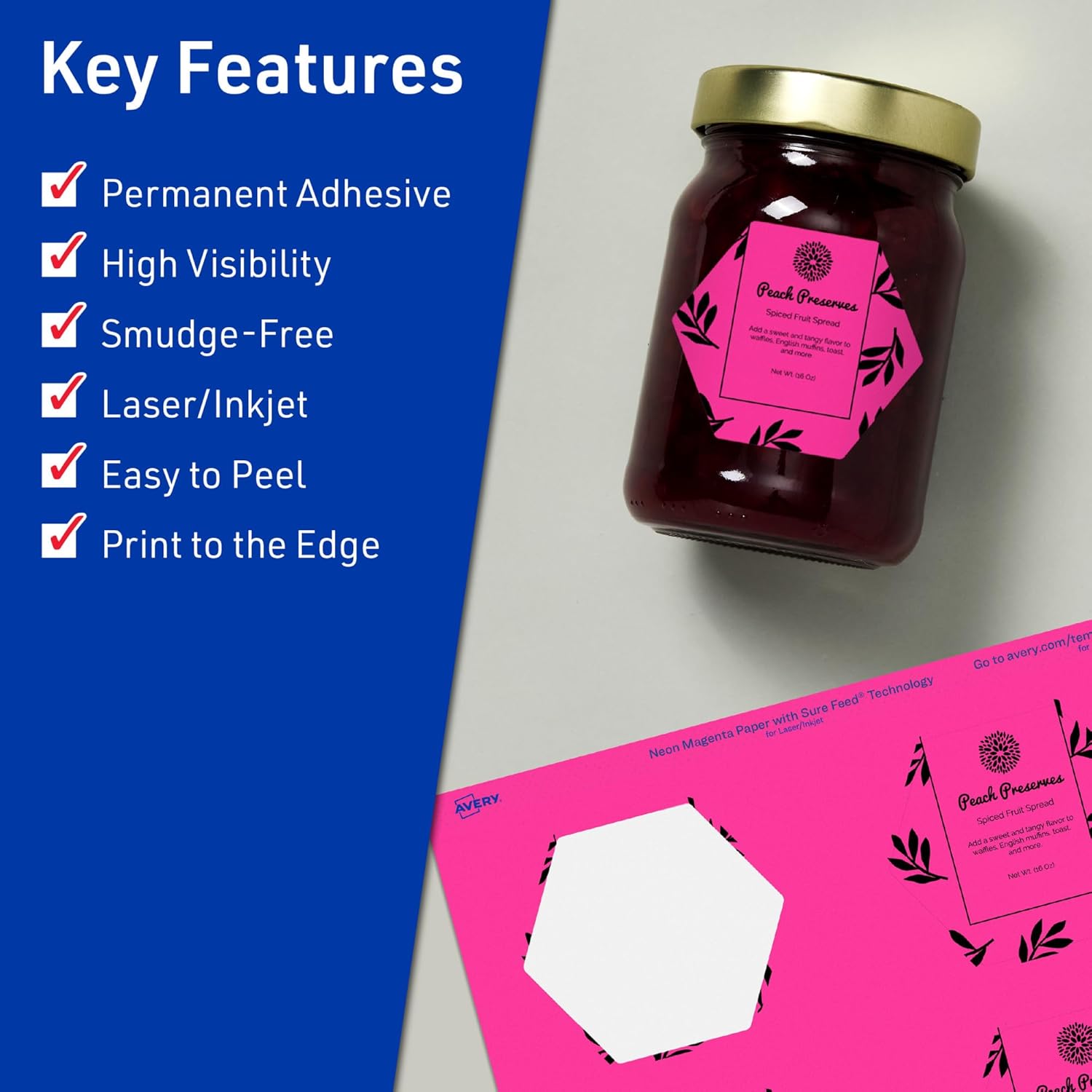 AVERY Printable Hexagon Labels, Sure Feed Technology, 2-1/2\" x 2-57/64\", Neon Magenta, Print-to-The-Edge