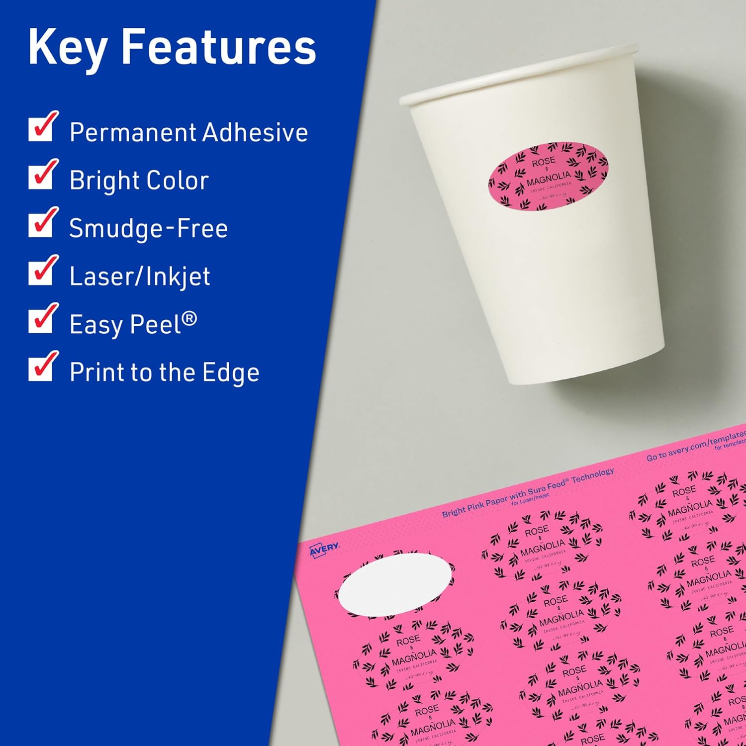 AVERY Bright Pink Oval Printable Labels, 1-1/8" x 2-1/4", Sure Feed, Print-to-The-Edge