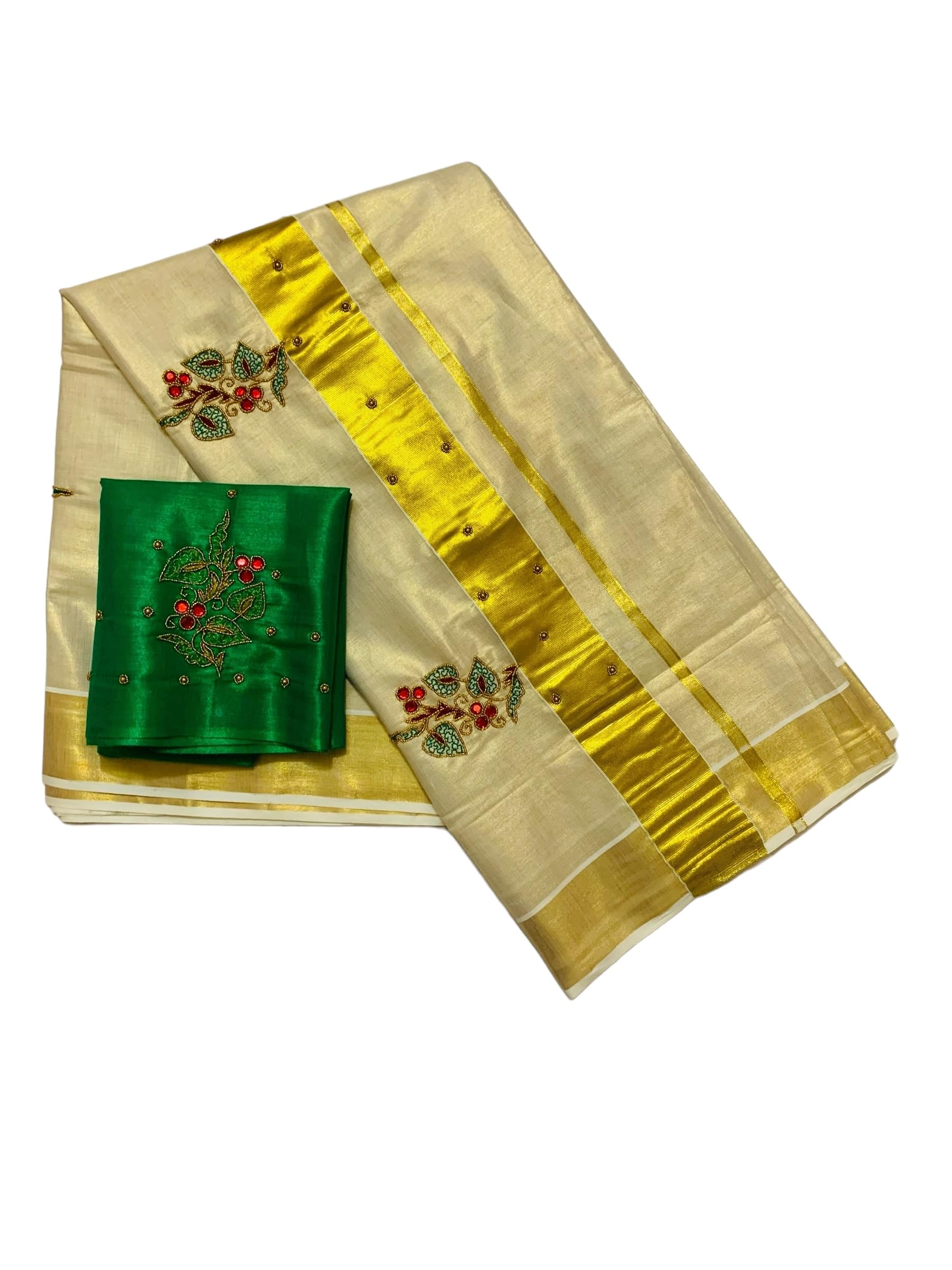 Kuthampully Kerala Kasavu Saree Tissue | Traditional South Indian Saree | Designer Indian Saree | Kerala Saree - EKM-829 (Green)