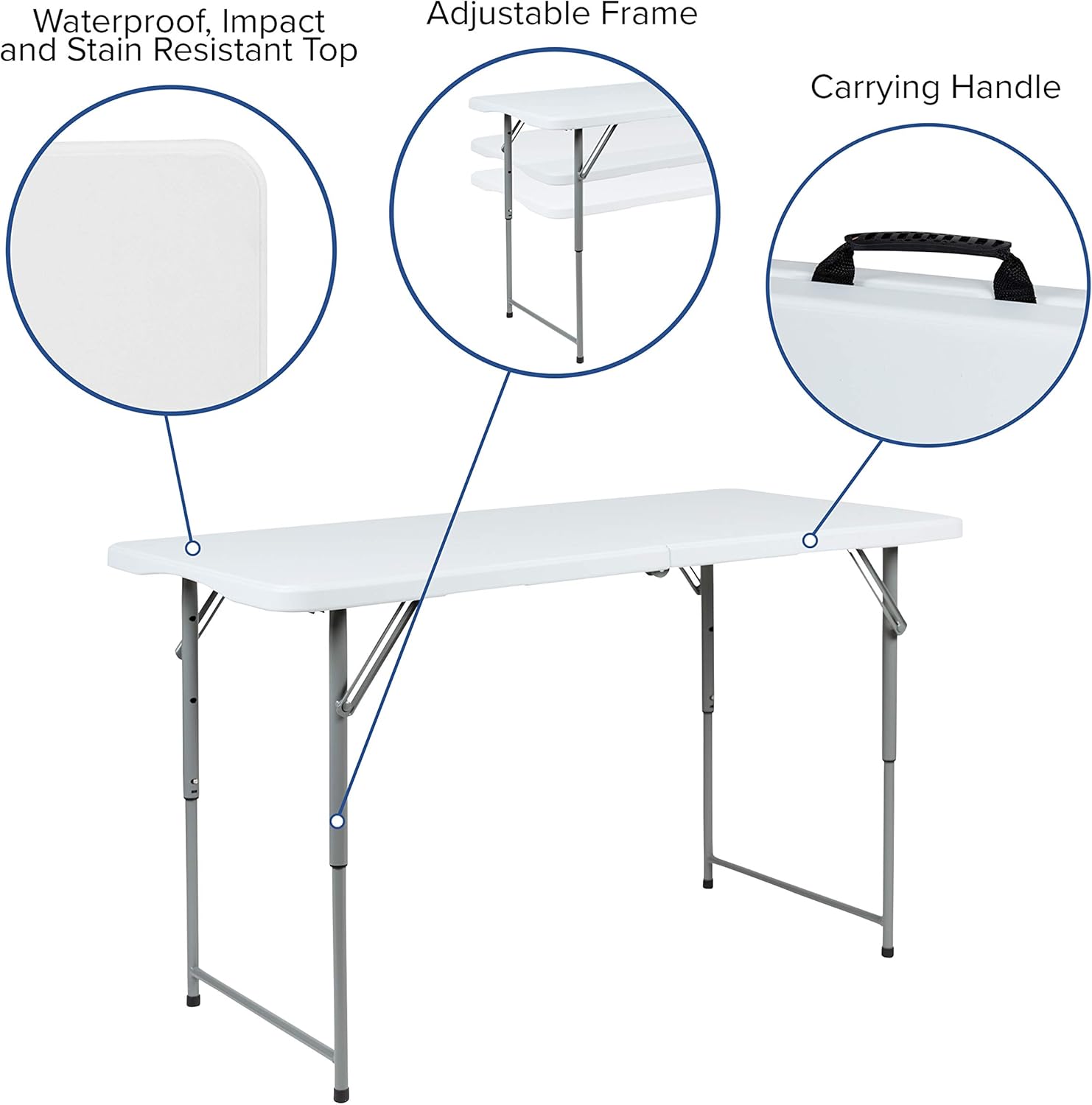 Flash Furniture Height-Adjustable Bi-Fold Plastic Folding Table With Carrying Handle, 29inH x 23-3/4inW x 47-1/2inD