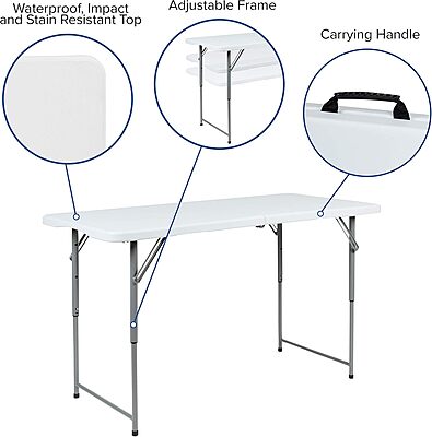 Flash Furniture Height-Adjustable Bi-Fold Plastic Folding Table With Carrying Handle, 29inH x 23-3/4inW x 47-1/2inD, Granite White