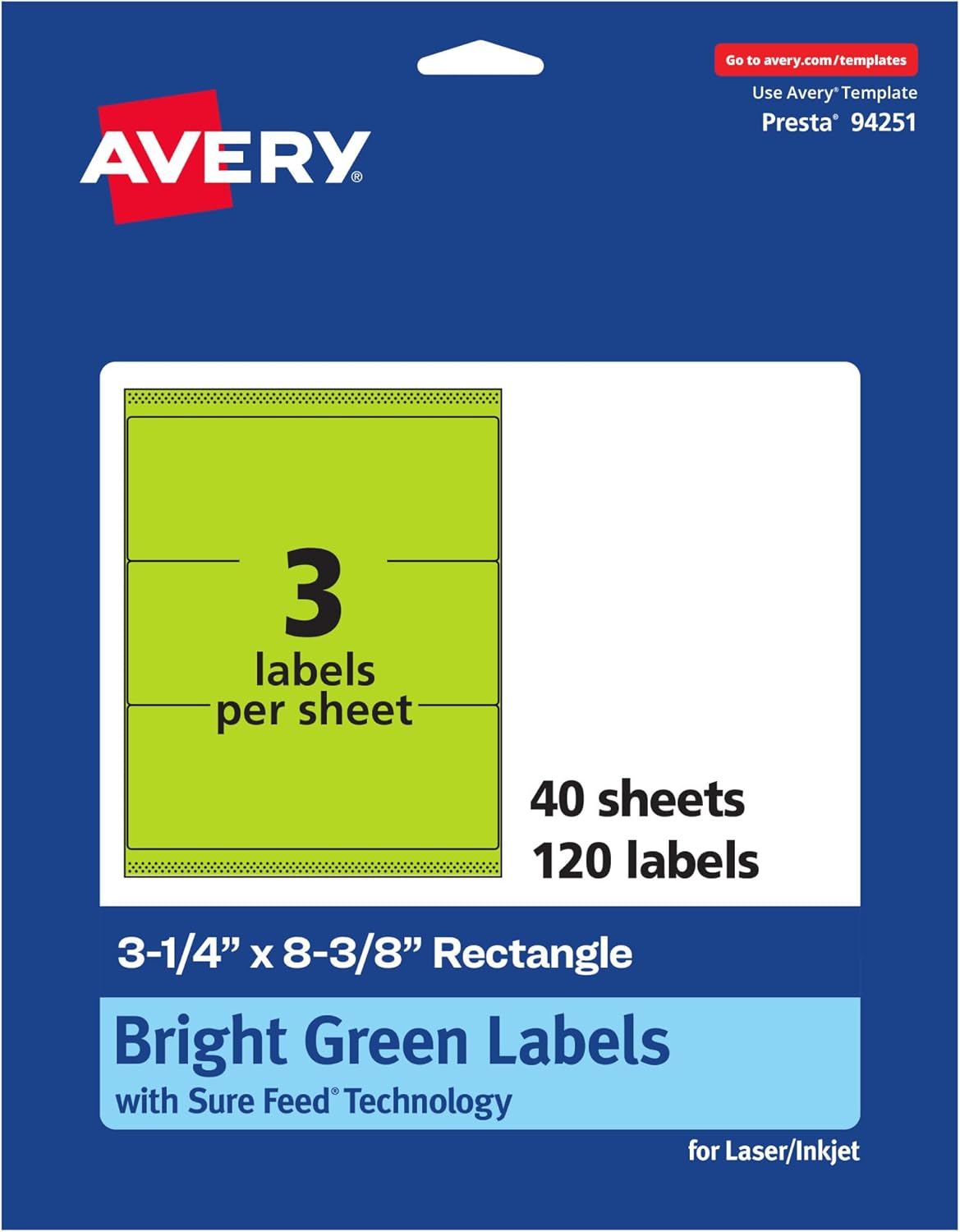 Avery Printable Rectangle Labels, Sure Feed Technology, 3-1/4 in. x 8-3/8 in., Bright Green, Laser/Inkjet Printable