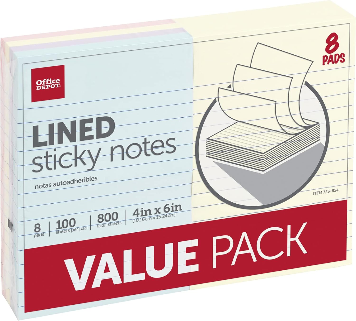 Office Depot® Brand Self-Stick Notes, Lined, 4" x 6", Assorted Pastel Colors, 100 Sheets Per Pad, Pack Of 8