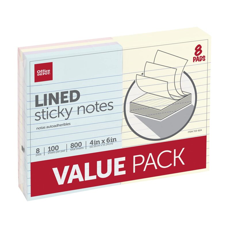 Office Depot® Brand Self-Stick Notes, Lined, 4" x 6", Assorted Pastel Colors, 100 Sheets Per Pad, Pack Of 8