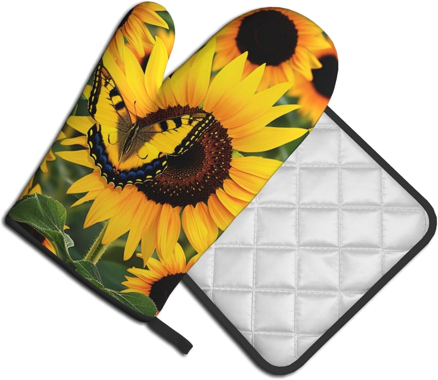 Butterfly Blooming Sunflower Plants Flowers Printed Oven Mitts and Pot Holders Set of 2 - Heat Resistant
