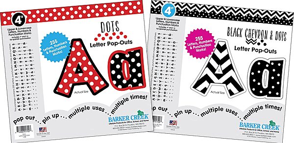 Barker Creek Letter Pop-Out Set of 2, 4" Dots & 4" Black Chevron & Dots, Mixed-Design, 255 Upper and Lowercase Letters, Numbers, Punctuation Marks in Each of 2 Designs, 510 Characters Total (4301)