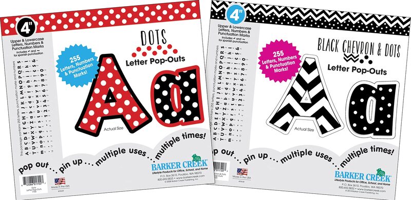 Barker Creek Letter Pop-Out Set of 2, 4" Dots & 4" Black Chevron & Dots, Mixed-Design, 255 Upper and Lowercase Letters, Numbers, Punctuation Marks in Each of 2 Designs, 510 Characters Total (4301)