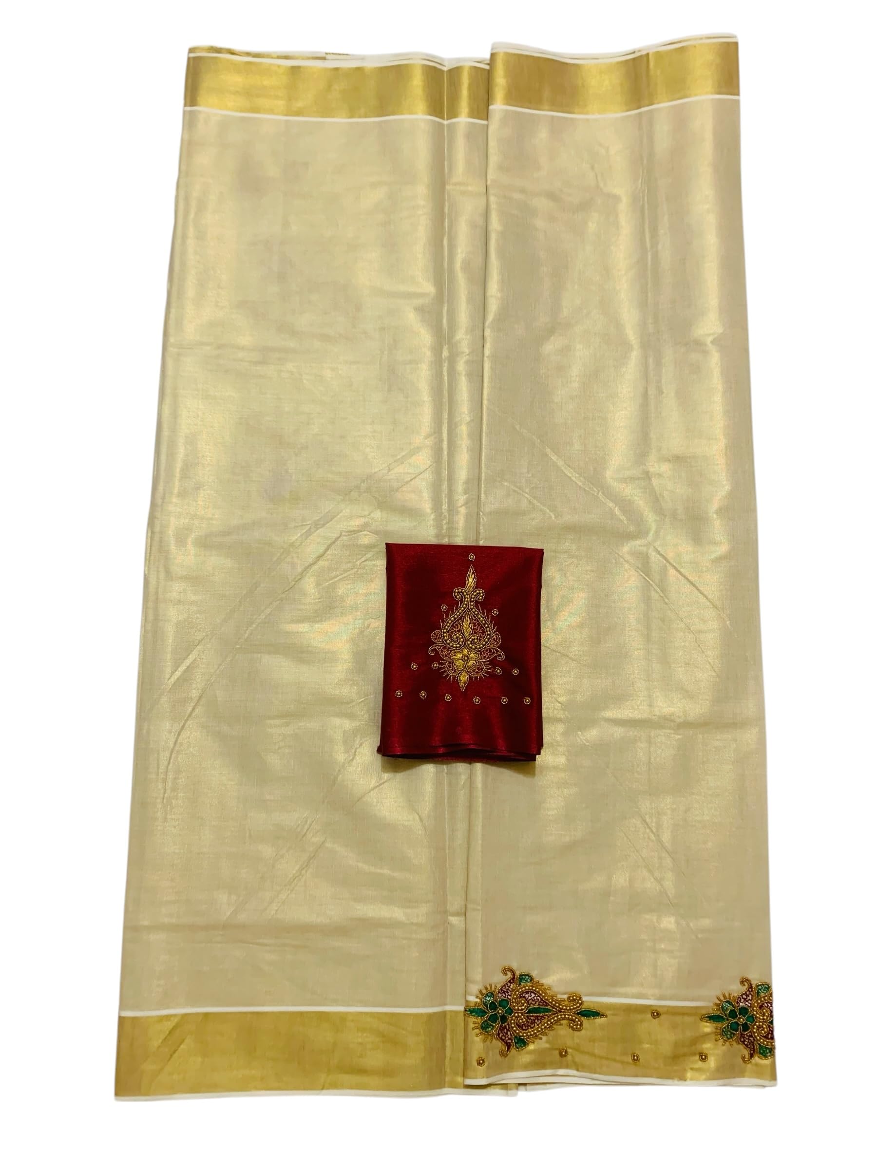 Kuthampully Kerala Kasavu Sarees For Women | Handcrafted Aari work Kerala Sarees | Tissue Onam Saree With Running Blouse | South Indian Sarees | Onam Saree EKM-836 (Maroon)