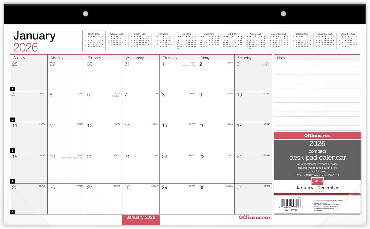 Office Depot Brand Monthly Desk Pad Calendar, 17 3/4" x 11", White, January 2026 to December 2026, OD20100026