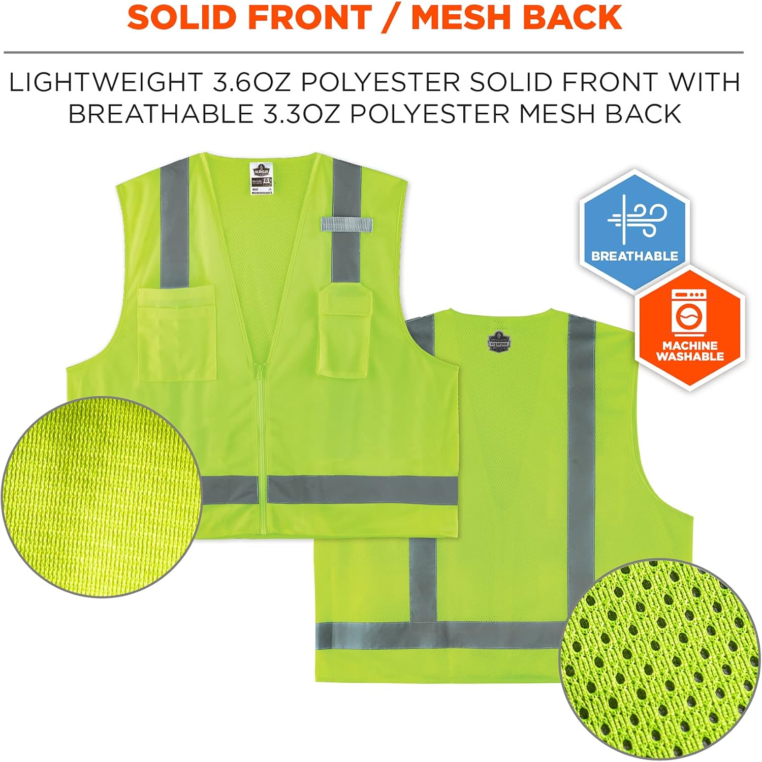 Ergodyne GloWear 8249Z Hi-Vis Surveyor Safety Vest, Solid Front Mesh Back, Type R Class 2