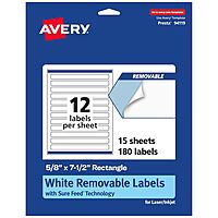 Avery Matte White Removable Rectangle Labels, Sure Feed Technology, Print-to-The-Edge, 5/8" x 7-1/2", 180 Removable Labels, Laser/Inkjet Printable 180 labels