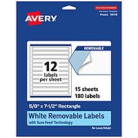 Avery Matte White Removable Rectangle Labels, Sure Feed Technology, Print-to-The-Edge, 5/8" x 7-1/2", 180 Removable Labels, Laser/Inkjet Printable 180 labels